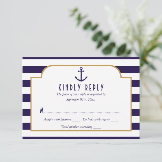 Nautical Navy & White Stripe Anchor Wedding RSVP Kaartje (Staand voorkant)