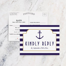 Nautical Navy & White Stripe Anchor Wedding RSVP Uitnodiging Briefkaart