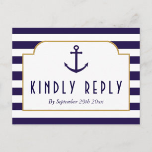 Nautical Navy & White Stripe Anchor Wedding RSVP Uitnodiging Briefkaart