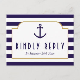 Nautical Navy & White Stripe Anchor Wedding RSVP Uitnodiging Briefkaart