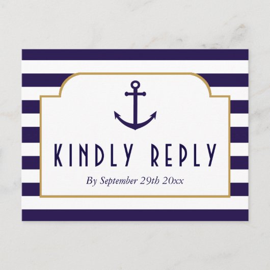 Nautical Navy & White Stripe Anchor Wedding RSVP Uitnodiging Briefkaart (Voorkant)