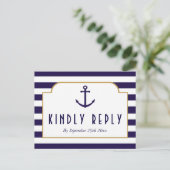 Nautical Navy & White Stripe Anchor Wedding RSVP Uitnodiging Briefkaart (Staand voorkant)