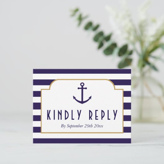 Nautical Navy & White Stripe Anchor Wedding RSVP Uitnodiging Briefkaart (Staand voorkant)