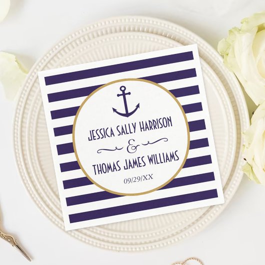 Nautical Navy & White Stripe Anchor Wedding Servetten