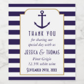 Nautical Navy & White Stripe Anchor Wedding Wijn Etiket (Enkel label)