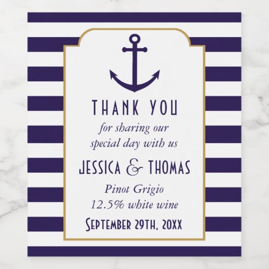 Nautical Navy & White Stripe Anchor Wedding Wijn Etiket (Enkel label)