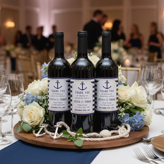 Nautical Navy & White Stripe Anchor Wedding Wijn Etiket