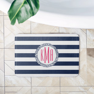 Nautical Navy & White Stripe met roze monogram Badmat