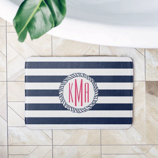 Nautical Navy & White Stripe met roze monogram Badmat