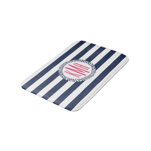 Nautical Navy & White Stripe met roze monogram Badmat (Gekanteld)