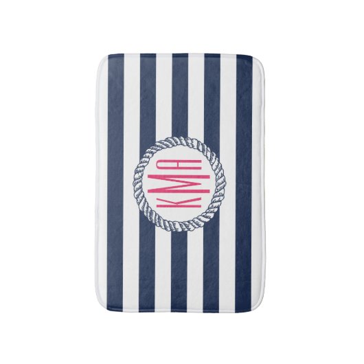 Nautical Navy & White Stripe met roze monogram Badmat (Voorkant Verticaal)
