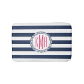 Nautical Navy & White Stripe met roze monogram Badmat (Voorkant)