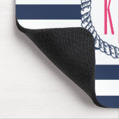Nautical Navy & White Stripe met roze monogram Muismat (Hoek)