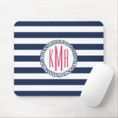 Nautical Navy & White Stripe met roze monogram Muismat (Met muis)