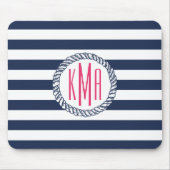 Nautical Navy & White Stripe met roze monogram Muismat (Voorkant)