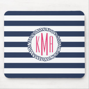 Nautical Navy & White Stripe met roze monogram Muismat