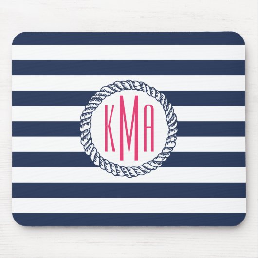 Nautical Navy & White Stripe met roze monogram Muismat (Voorkant)