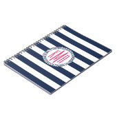 Nautical Navy & White Stripe met roze monogram Notitieboek (Linkerzijde)