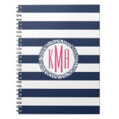 Nautical Navy & White Stripe met roze monogram Notitieboek (Voorkant)