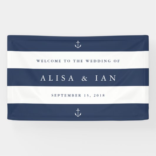 Nautical Navy & White Stripe Wedding Welcome Spandoek (Horizontaal)