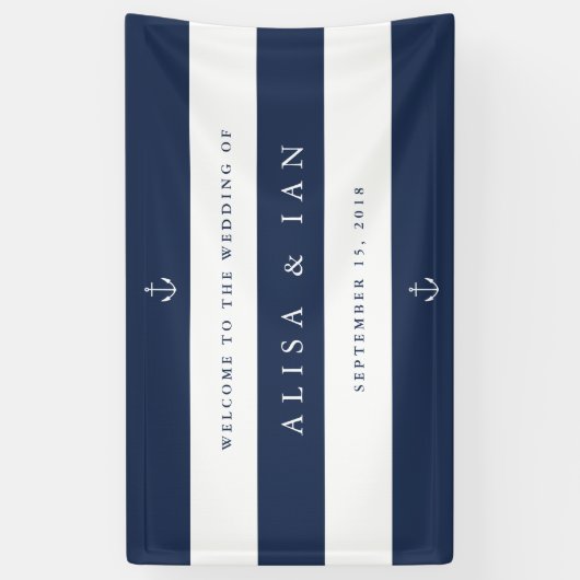 Nautical Navy & White Stripe Wedding Welcome Spandoek (Verticaal)