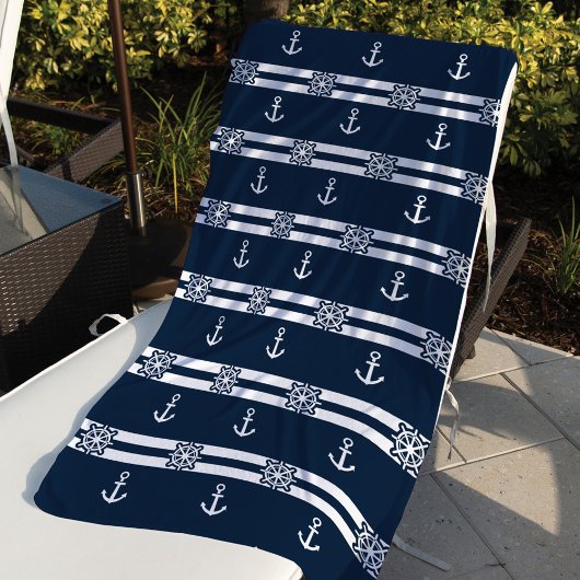 Nautical Navy & White Stripes, Anchor & Ship Wheel Strandlaken
