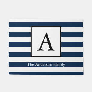 Nautical Navy White Stripes & Familienaam Deurmat