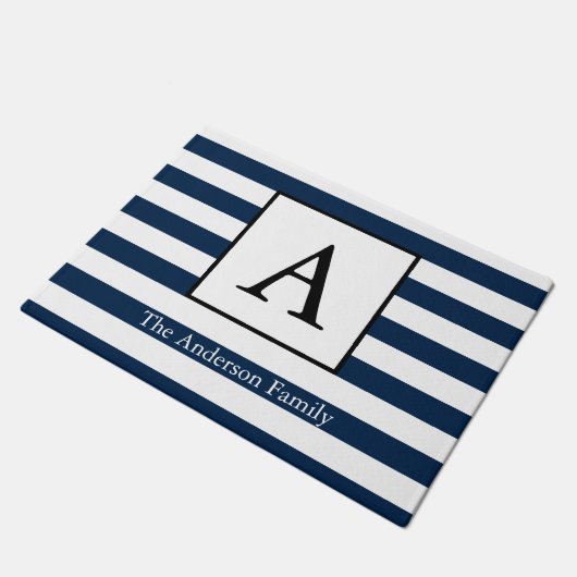Nautical Navy White Stripes & Familienaam Deurmat (Schuin)