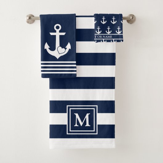 Nautical Navy White Stripes Hart Anker Monogram Bad Handdoek (Insitu)
