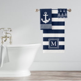 Nautical Navy White Stripes Hart Anker Monogram Bad Handdoek