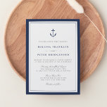 Nautical Navy & White Wedding Invitation | Anchor Kaart<br><div class="desc">Onze elegante huwelijksuitnodigingen zijn kenmerkend voor klassieke nautische stijl met een schone, minimalistische blik. Het ontwerp omvat een dubbele grens van rijk marinblauw met de ankerillustratie van een schip bovenaan. Het elegante blok en het manuscript dat in zacht grijs en passend marinesblauw wordt gedrukt voltooit de blik. Ideaal voor jachthavens,...</div>