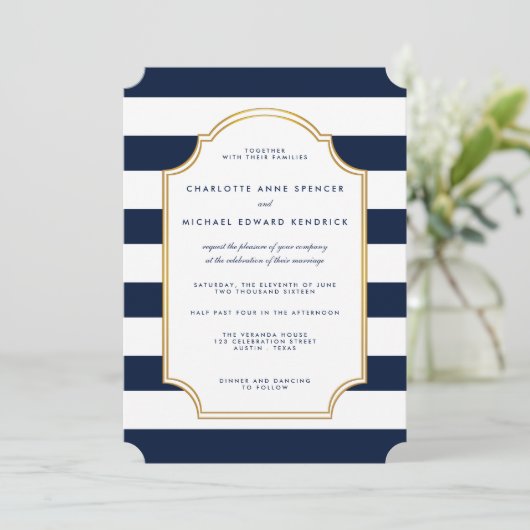 Nautical Navy | Witte strepe moderne bruiloft Kaart (Staand voorkant)