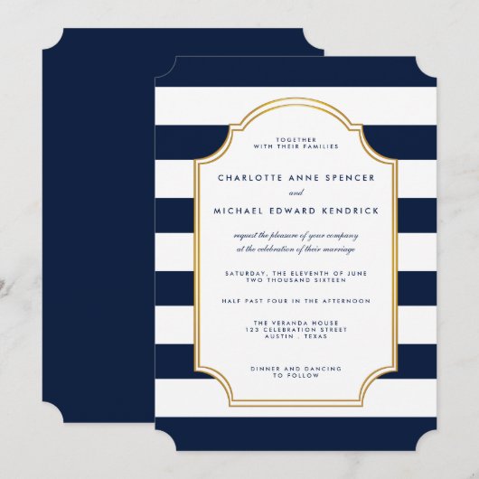 Nautical Navy | Witte strepe moderne bruiloft Kaart (Voorkant / Achterkant)