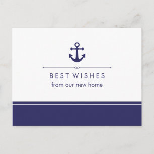 Nautical New Address Navy and White met Anchor Aankondigingskaart