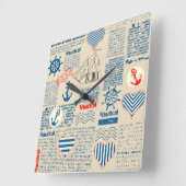 Nautical Newspaper Pattern Vierkante Klok (Hoek)