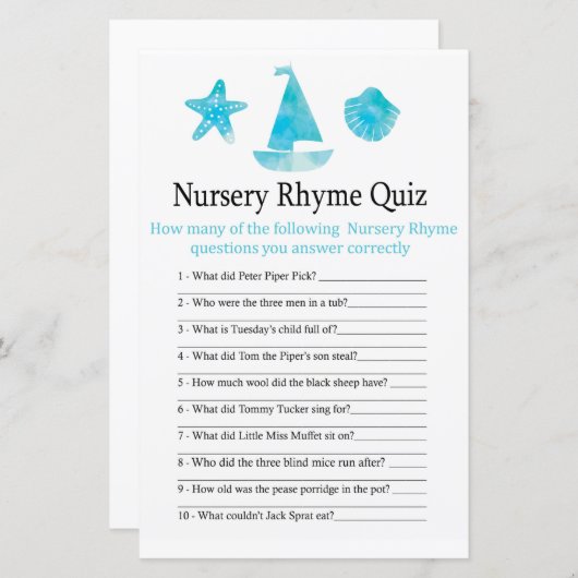 Nautical Nursery Rhyme Quiz baby shower game (Voorkant / Achterkant)