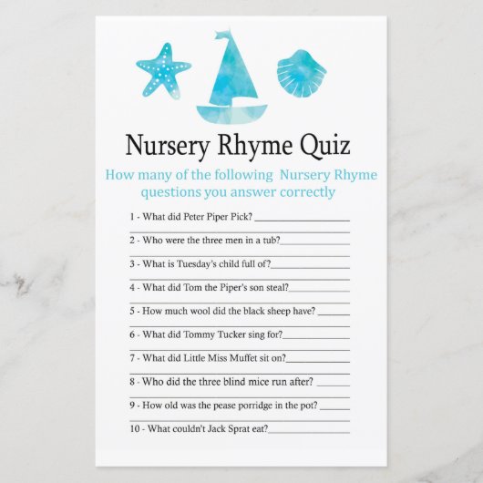 Nautical Nursery Rhyme Quiz baby shower game (Voorkant)