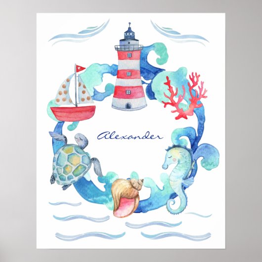 Nautical Ocean Animals Boot Nursery Decor Poster (Voorkant)