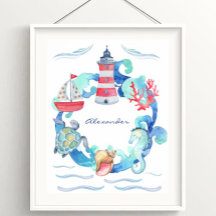 Nautical Ocean Animals Boot Nursery Decor Poster