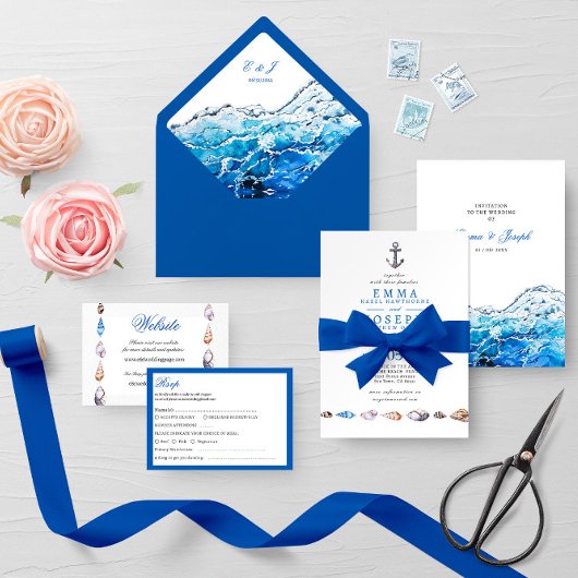 Nautical Ocean Beach blue Wedding Rsvp Kaart