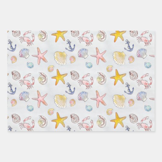 Nautical Ocean Beach Pastel Starfish Seashell Inpakpapier Vel (Voorkant)