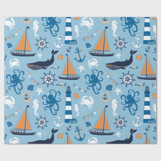 Nautical Ocean Blue en Oranje Cadeaupapier (Vlak)