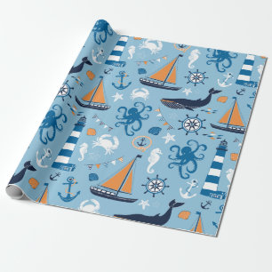 Nautical Ocean Blue en Oranje Cadeaupapier