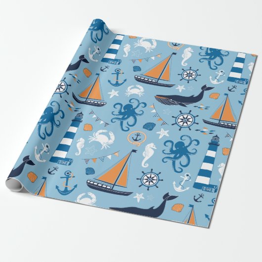 Nautical Ocean Blue en Oranje Cadeaupapier (Uitgerold)