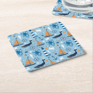 Nautical Ocean Blue en Oranje Kartonnen Onderzetters