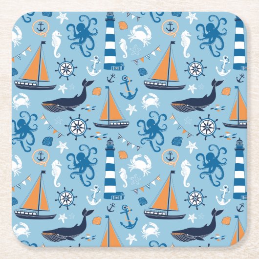 Nautical Ocean Blue en Oranje Kartonnen Onderzetters (Voorkant)