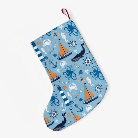 Nautical Ocean Blue en Oranje Kleine Kerstsok (Achterkant (Hangend))
