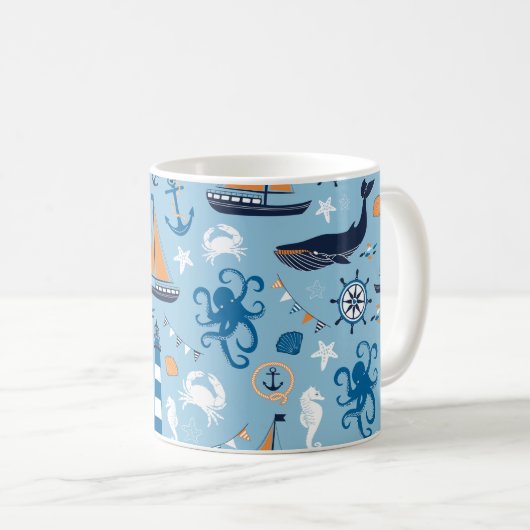Nautical Ocean Blue en Oranje Koffiemok (Voorkant rechts)