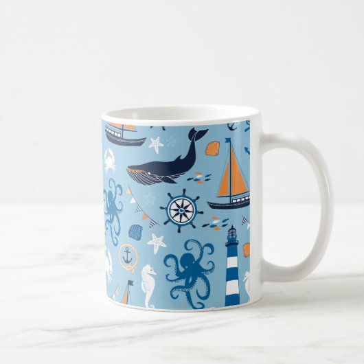 Nautical Ocean Blue en Oranje Koffiemok (Rechts)