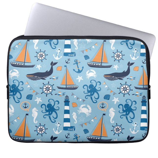 Nautical Ocean Blue en Oranje Laptop Sleeve (Voorkant)